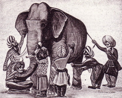 Cette image met en scène six aveugles et un éléphant, chacun d'eux étant en contact avec une partie différente du corps de l'animal.